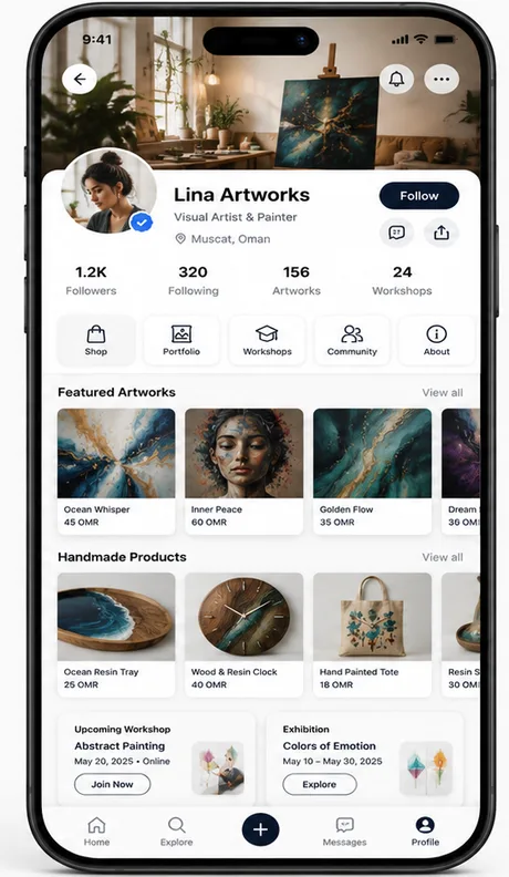 Creator Booth screen for Lina Artworks with follower counts, featured artworks, handmade products and upcoming workshops.