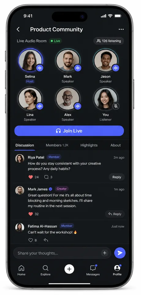 Product Community screen with a live audio room of speakers and a member discussion thread.