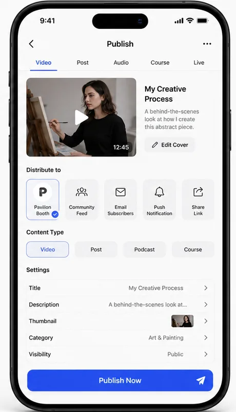 Publish screen where a creator uploads a video and chooses to distribute it to booth, community, email subscribers and notifications.
